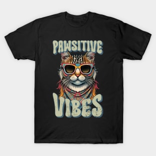 Pawsitive Vibes, Retro Groovy Style Hippie Cat Lover Design T-Shirt